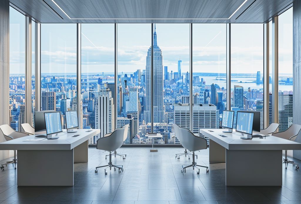 Modern office workspace showcasing professional business environment with collaborative team